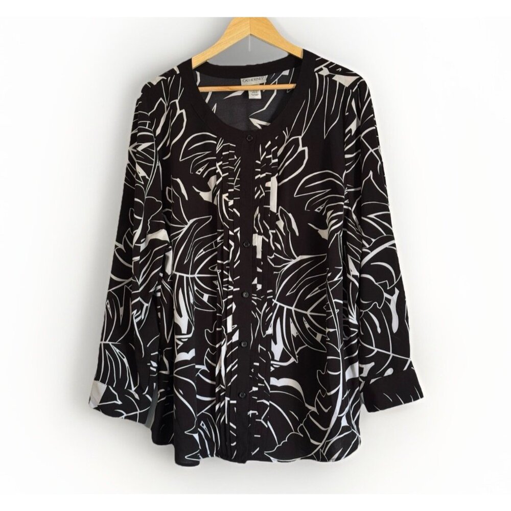 Catherines Black Pleated Abstract Floral Button Up Top Women’s 2X Long Sleeves